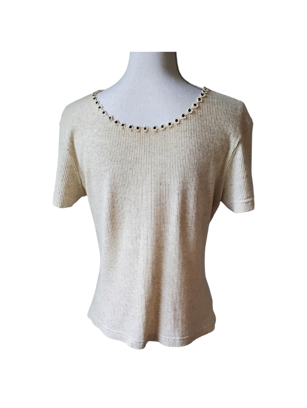 Francine B 90's Ribbed Knit Top Oatmeal Short Sleeve Flower Trim Neckline Size L - Picture 5 of 8